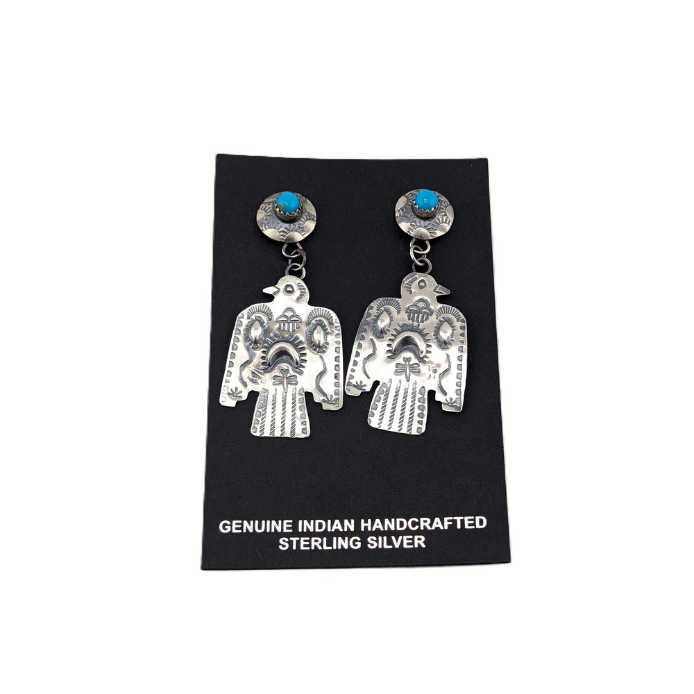 Navajo Thunderbird Dangle Earrings Oxidized Sterling Silver Kingman Turquoise** - Picture 2 of 7